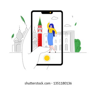 Travel to Italy - colorful flat design style illustration on white background. A composition with a woman getting photographed at Venice landmark, St. Mark Campanile. Vacation and tourism concept