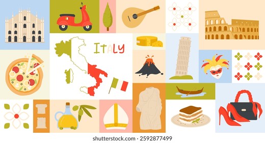 Travel to Italy, geometric color collage design. Cute Italian ancient temple sights and history heritage, Mediterranean food, map and flag, traditional pattern in square cartoon vector illustration