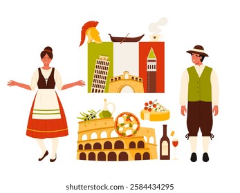 Travel to Italy infographic poster collage with Italian people in traditional dress and chefs pizza, big flag with culture elements and famous landmark for tourist cartoon vector illustration