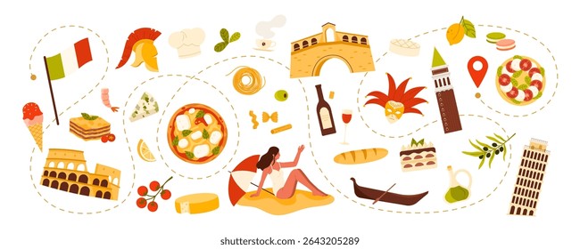 Travel to Italy, Italian culture elements and heritage architecture, food and beach holiday on tour around country. Mask and bell tower, gondola of Venice, Margherita pizza cartoon vector illustration