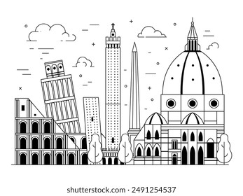 Travel to Italy line art cityscape. Scenic panorama with famous architectural monuments and popular buildings. European touristic landmarks and cultural symbols of Vatican and Italian cities.