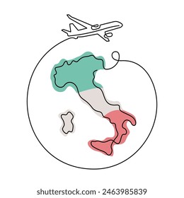 Viaje Italia una línea de Ilustración vectorial. Mapa de Italia y plano del avión.