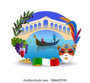 Travel to Italy, oval label. Venetian bridge, under which the gondola floats with people. On the sides are a branch of olive, grapes, traditional Italian food. The boat is reflected in the water.