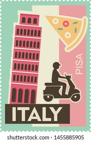 travel to italy poster design, postage stamp, sticker, banner.