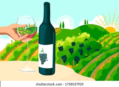 Travel in Italy poster with wine bottle, hand holding glass on vineyard field in nature landscape in Tuscany, Italy travelling vector illustration. Italian vine in summer, food tours for travellers.