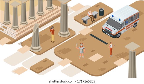 Travel to Italy Rome Colosseum and Roma trip application concept. Isometric 3d Roma street with people. Stock isometric vector illustration. 