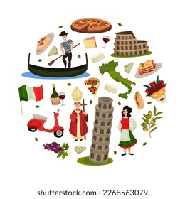 Travel to Italy Round Composition Design with Traditional Symbols Vector Template