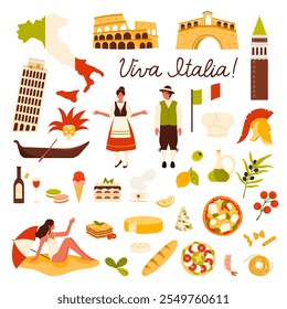 Travel to Italy set of culture elements and famous landmarks. Italian couple in traditional costumes, girl on beach and restaurant food, olive oil and macaroni, pizza cartoon vector illustration