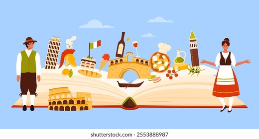 Travel to Italy, set of culture elements, food and famous places study in infographic collage with open paper book and Italian people, architecture of Venice, Pisa and Rome cartoon vector illustration