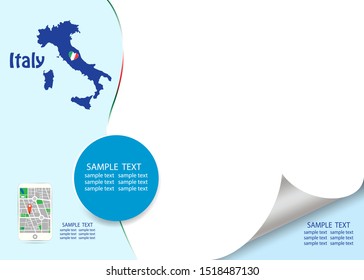 Travel Italy template vector in light blue color showing the blind Italian map and smart  phone with city map app on the left side and a lot of a free space for your text on the right side.