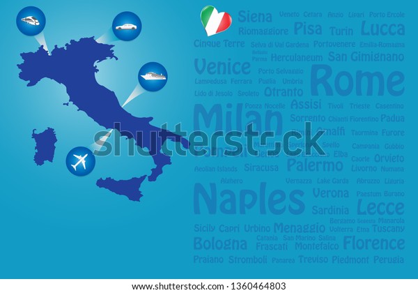 Travel\
Italy template vector showing the plane, car, train and ship\
approaching the blind Italian map. Transparent names of Italian\
landmarks are on the righr side of the\
vector