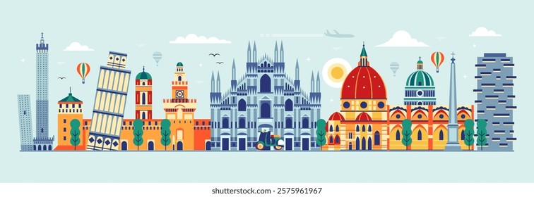 Travel to Italy tourist cityscape. Panoramic scene with famous architectural monuments and popular buildings. Web banner with iconic European landmarks and cultural symbols of Italian cities.