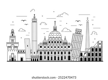 Viaje para a Itália e a paisagem turística do Vaticano. Cena panorâmica com monumentos arquitetônicos famosos e edifícios populares. Banner da web com marcos artísticos e símbolos culturais das cidades italianas.