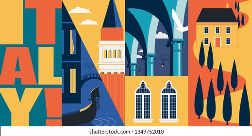 Travel to Italy vector banner, illustration. City skyline, historical buildings in modern flat design style. Italian ancient landmarks, vies of Venice, Tuscany region landscape 