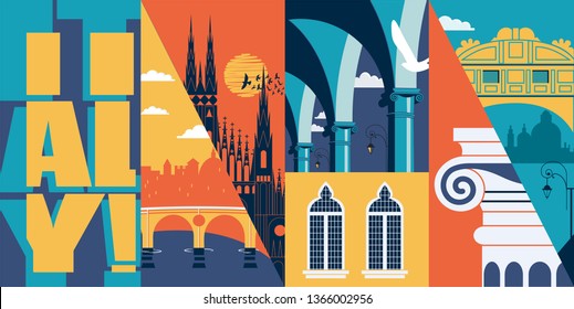 Travel to Italy vector banner, illustration. City skyline, historical buildings in modern flat design style. Italian ancient landmarks, Milan cathedral, bridge of Sighs 