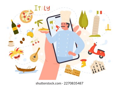 Travel to Italy vector illustration. Cartoon hand holding phone with Italian chef character on screen offering pasta on plate, coffee and food, symbols of culture and cuisine in collection of Italy