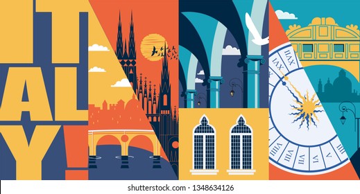 Travel To Italy Vector Skyline Illustration, Postcard. Italian Modern Flat Graphic Banner With  Monuments And Sights - Bridge Of Sighs In Venice, Milan 