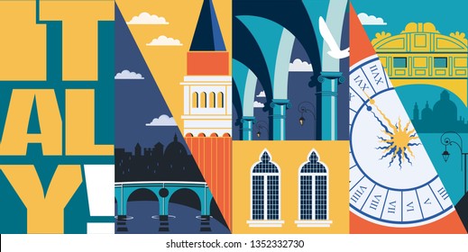 Travel to Italy vector skyline illustration, postcard. Italian modern flat graphic banner with famous landmarks - St Marks Campanile, bridge of Sighs 