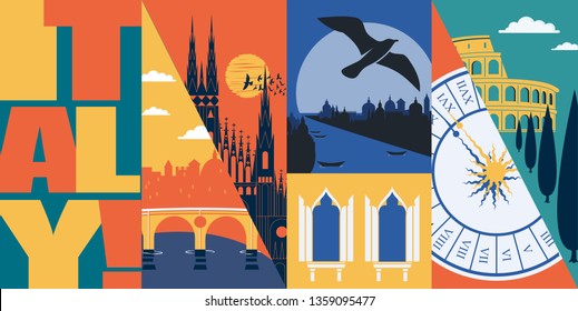 Travel to Italy vector skyline illustration, postcard. Italian modern flat graphic banner with famous landmarks - Colosseum, Duomo di Milano, Grand canal in Venice 