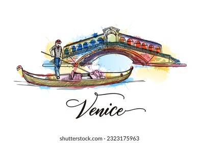 Travel to Italy Venice poster, greeting card, print with hand drawn calligraphy lettering. Vector sketch illustration of Rialto Bridge, gondola, gondolier on colorful watercolor background