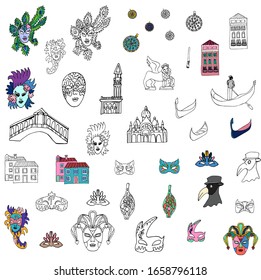 Travel to Italy. Venice. Set of elements in the Doodle style. Carnival masks, houses, gondola, Murano glass. Vector drawing isolated on white background. Coloring book for children and adults.
