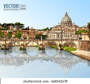 Travel to Italy. View at St. Peter's cathedral in Rome. Tiber River and bridge in sunny day. Architecture and landmark. Landscape. Ancient cityscape. Vector illustration.