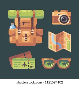 Travel item set. Tourist backpack, camera, city map, plane tickets and sunglasses. Summer vacation flat illustration.