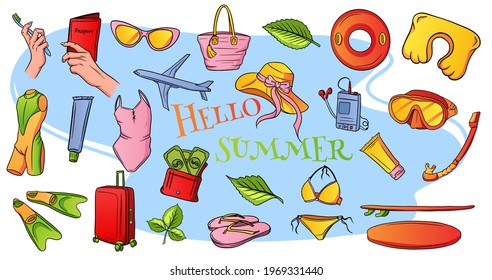 Travel items. Airplane flight, luggage, pillow for sleeping, player, wallet with money, passport in hand, toothbrush and toothpaste. Cartoon style. For registration of booklets of travel agencies.