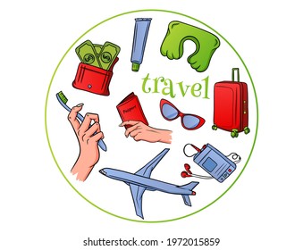 Travel items. Airplane flight, luggage, pillow for sleeping, player, wallet with money, passport in hand, toothbrush and toothpaste. Cartoon style. For registration of booklets of travel agencies.