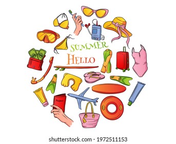 Travel items. Airplane flight, luggage, pillow for sleeping, player, wallet with money, passport in hand, toothbrush and toothpaste. Cartoon style. For registration of booklets of travel agencies.