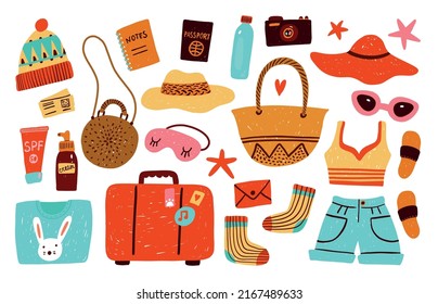 Travel items. Beach bags, touristic clothes and luggage. Vacation preparing. Summer holiday accessories. Passport and tickets. Comfort voyages. Flip flops and hats