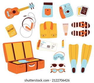 Travel items. Comfortable journey elements, summer vacation accessories, suitcase, tickets and documents, ukulele and flip flops, seaside resort, vector isolated summertime set