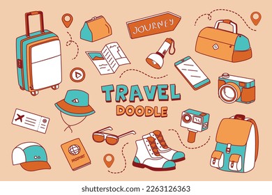 Travel items in Doodle styles. Color Hand drawing of travel.