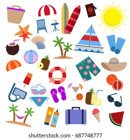Travel items elements collection, flat icons set, Colorful symbols pack contains - travel, tourism, planning of vacation, adventure, journey in holidays. Vector illustration. Flat style design