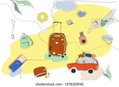 Travel items. Map, backpack, wheelchair, tickets, luggage. Isolated vector image in simple cartoon style