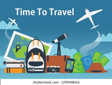 Travel items on blue background.