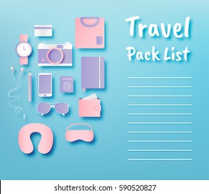Travel items packing list paper art style vector illustration set