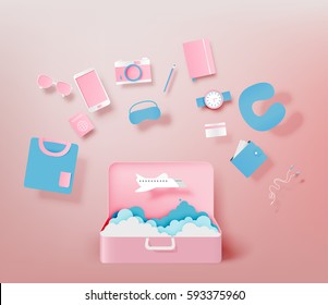 Travel items packing list paper art style vector illustration set