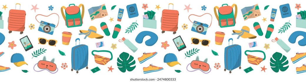 Travel items seamless border pattern. Suitcases, passport, backpack, tropic leaves and map. Tourism flat vector illustration. Isolated on white background.