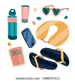Juego de artículos de viaje. Viaje moderno de estilo plano con gafas de sol, auriculares, boletos, kit de viaje y chanclas. Ilustración vectorial de color brillante para tarjetas, folletos o carteles sobre fondo blanco.
