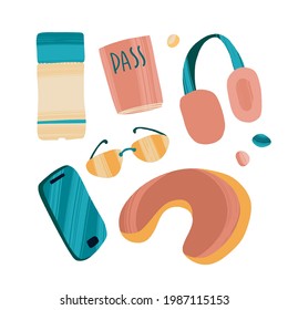 Reiseartikel Set. Trendy flache Reise-Set mit Sonnenbrille, Kopfhörer, Tickets, Reisekit und Flip Flops. Helle, bunte Vektorgrafik für Karten, Faltblätter oder Banner auf weißem Hintergrund.