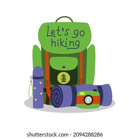 Travel items such as a backpack, thermos, karemat, camera. Camping, hiking, trekking, local tourism. Vector illustration isolated on white background