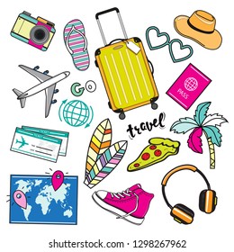 Travel items with suitcase, passport, map, shoes, hat, headphones on a white background
