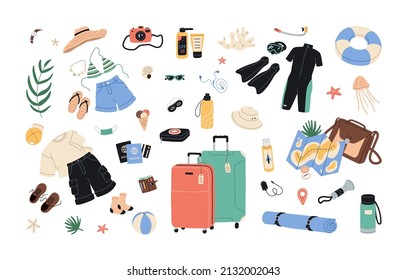 Travel items from summer holiday luggage. Tourists objects for sea vacation. Tourism stuff bundle with map, suitcase, clothes, passport, camera. Flat vector illustrations isolated on white background