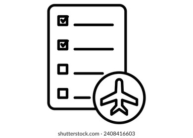 travel itinerary icon. checkmark with airplane. icon related to travel, planned travel schedule. line icon style. element illustration