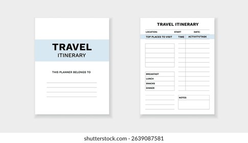 Travel itinerary for organizing trips effectively. includes sections for locations, tasks, and notes.