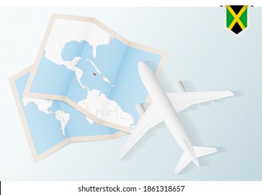 Travel to Jamaica, top view airplane with map and flag of Jamaica. Travel and tourism banner design.
