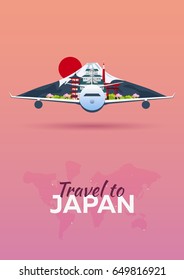 Travel to Japan. Airplane with Attractions. Travel vector banners. Flat style