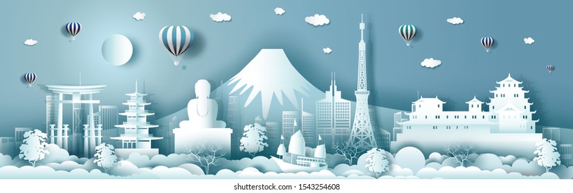 Travel japan with ancient and modern building with asean culture. Business brochure modern design.Travelling panorama landmarks of asian with architecture and cityscape background.Vector illustration