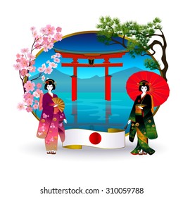 Travel to Japan: in the center of the image are Itsukushima torii on either side of the oval frame two Japanese women in kimonos. On the left sakura branch. Below is the flag of Japan.